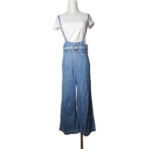 🐸 light blue washed soft denim overalls with a wide leg and a belt